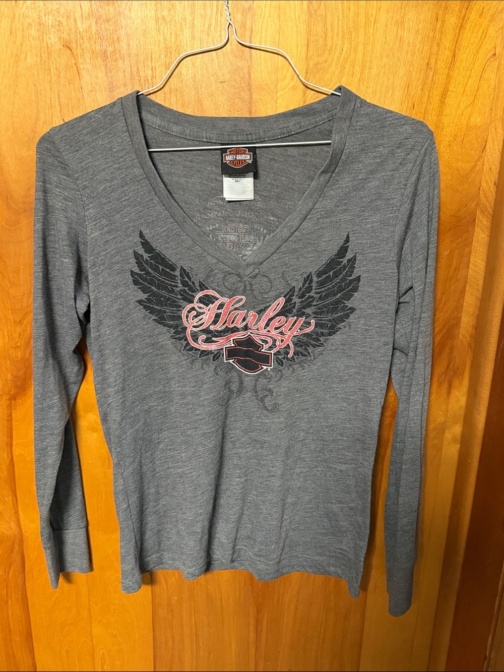 Harley-Davidson Women's Gray Long Sleeve V-Neck Tee with Winged Logo
